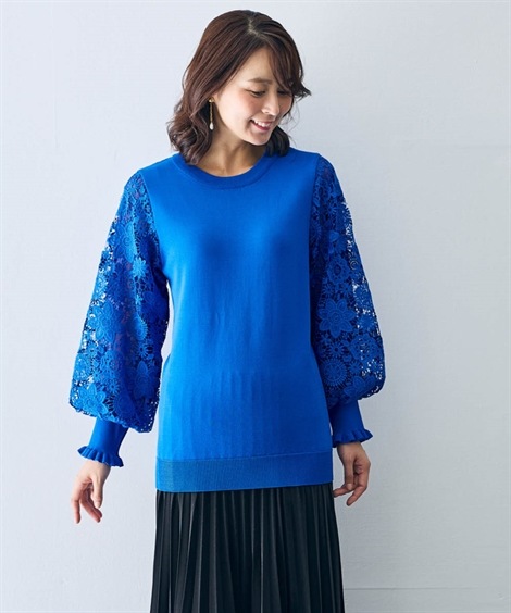 ニット 袖口フリルふんわり袖レースニット Hana服