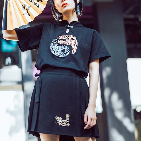 韓国 セットアップ チャイナ風 半袖Tシャツ スカート 水墨柄 黒 d8f4b666ae68274deaacefeaa82682