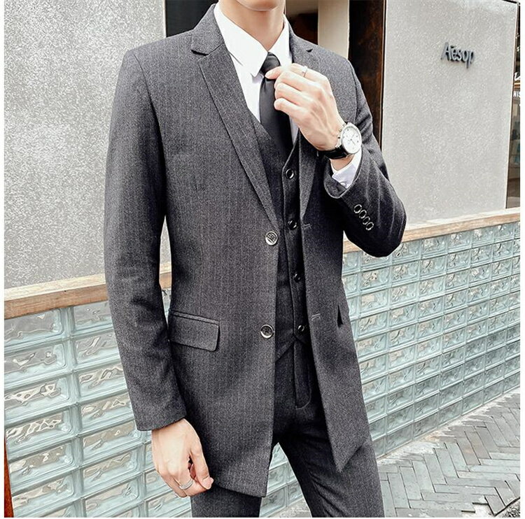 入学式スリーピース　メンズスーツスリムビジネススーツ2つボタンlスーツオールシーズン洗えるパンツウォッシャブルセットアップ　3ピース　パーティー結婚式彼氏