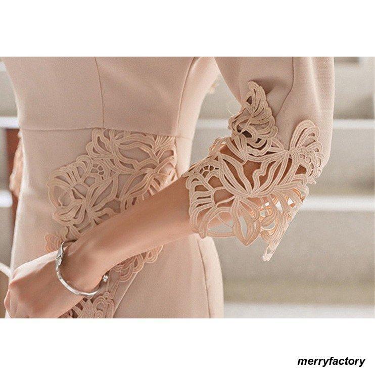 新しいデザイン ドレスワンピースレディース大きいサイズ結婚式パーティー母親夏きれいめベージュピンクベージュワンカラー背中見せレースミセス/[ecg15]