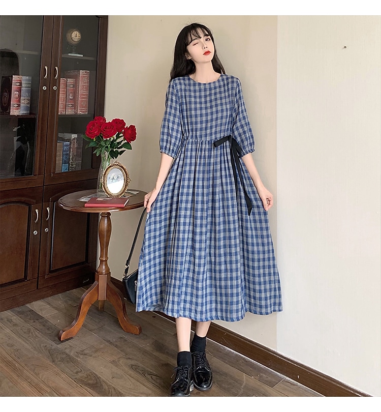 ウエストリボンチェック柄ワンピース ワンピース フレアワンピース