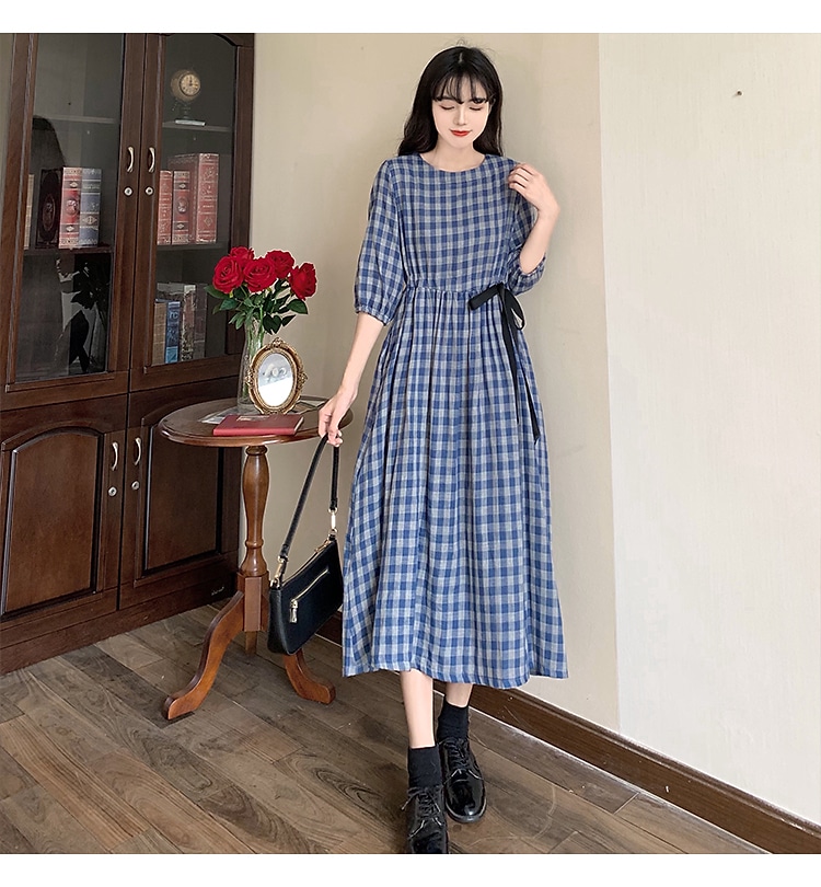 ウエストリボンチェック柄ワンピース ワンピース フレアワンピース