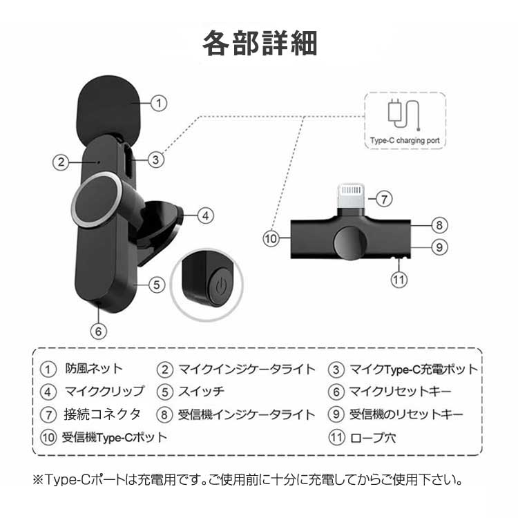 ワイヤレスマイク APP不要 Lightning Type-C 外付けマイク ピンマイク 無線