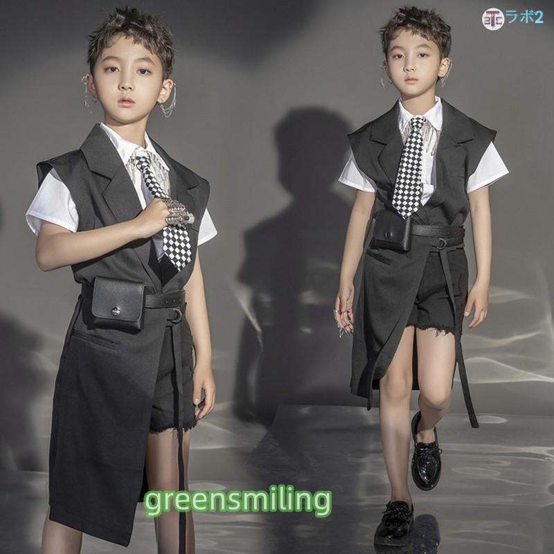 キッズ ダンス 衣装 セットアップ k-pop 衣装 ブラック ダンススーツ 5点セット 白シャツ 半袖 男の子 女の子 ヒップホップ 衣装 韓国 衣装 小学生 子