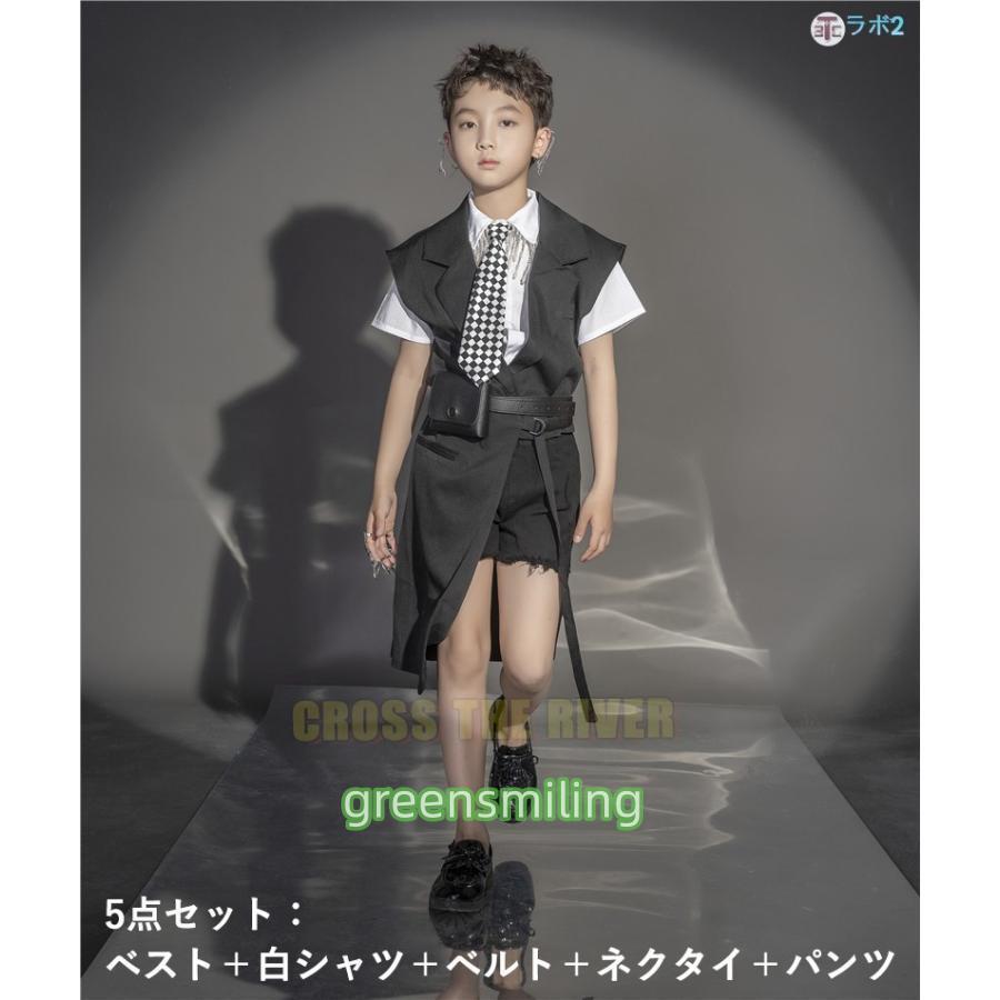 キッズ ダンス 衣装 セットアップ k-pop 衣装 ブラック ダンススーツ 5点セット 白シャツ 半袖 男の子 女の子 ヒップホップ 衣装 韓国 衣装 小学生 子