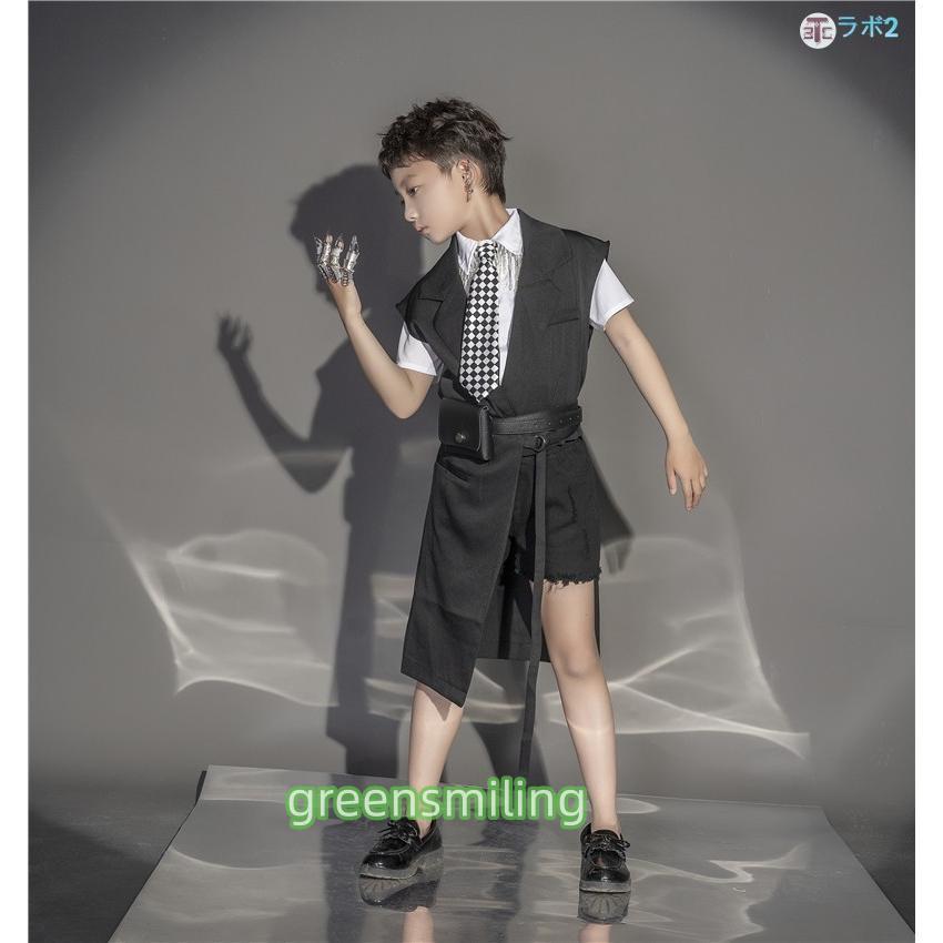 キッズ ダンス 衣装 セットアップ k-pop 衣装 ブラック ダンススーツ 5点セット 白シャツ 半袖 男の子 女の子 ヒップホップ 衣装 韓国 衣装 小学生 子