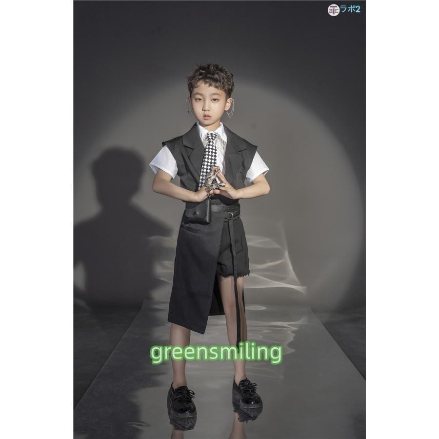 キッズ ダンス 衣装 セットアップ k-pop 衣装 ブラック ダンススーツ 5点セット 白シャツ 半袖 男の子 女の子 ヒップホップ 衣装 韓国 衣装 小学生 子