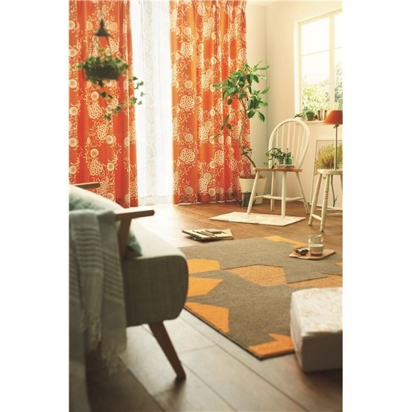 遮光カーテン/柄物カーテン 幅100cm丈200cm オレンジ 1枚入り 遮光2級 タッセル付き 形状記憶加工 ハナカザリ