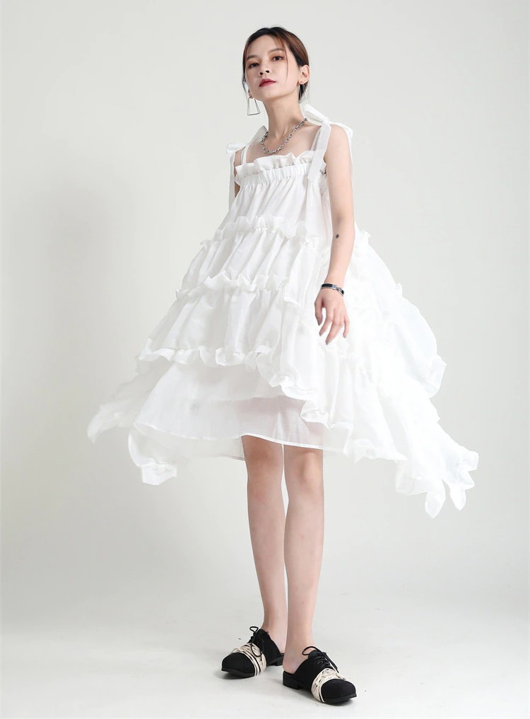 HOT!!夏 キャミソール デザイン感 不規則 ギャザー ワンピース マキシスカート