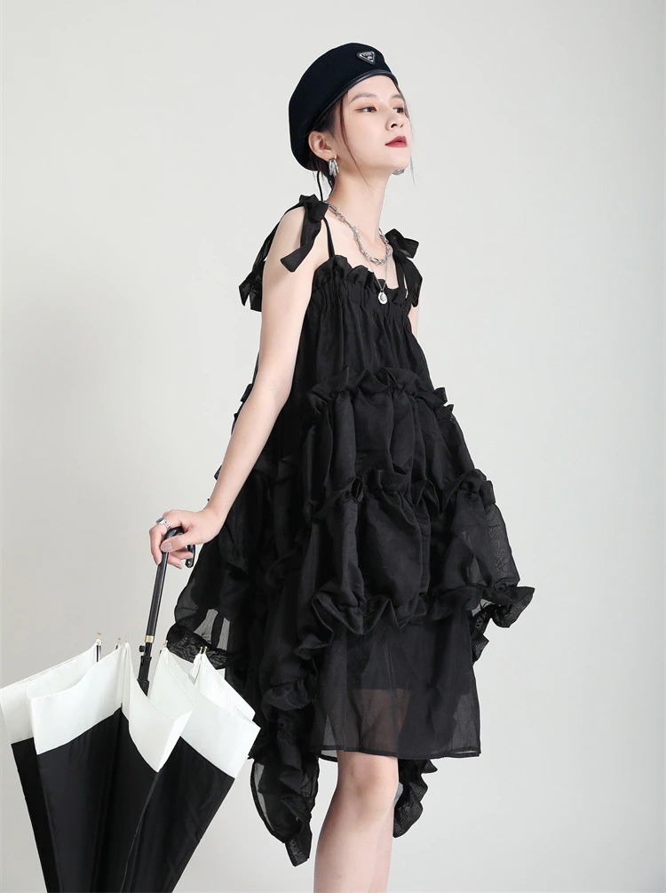 HOT!!夏 キャミソール デザイン感 不規則 ギャザー ワンピース マキシスカート