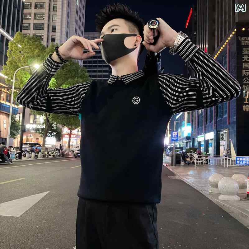 メンズ トップス カジュアル ファッション おしゃれ フェイク セットアップ 重ね着風 ストライプセーター トレンディ インナー セーター ベース レイヤー 秋冬 セーター