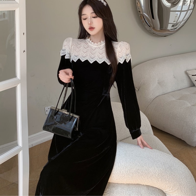 ワンピース ドレス レディース ベロア ベルベット レース 膝下 ミモレ 長袖 Aライン 上品 レトロ お洒落 フォーマル シンプル 発表会 結婚式 かわいい 黒 M L XL 2XL 3XL 4XL ワンピース ドレス レディース ベロア ベルベット レース 膝下 ミモレ 長袖 Aライン 上品 レトロ お洒落 フォーマル シンプル 発表会 結婚式 かわいい 黒 M L XL 2XL 3XL 4XL