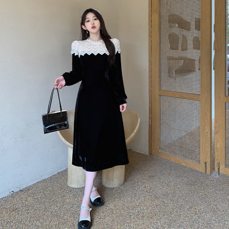 ワンピース ドレス レディース ベロア ベルベット レース 膝下 ミモレ 長袖 Aライン 上品 レトロ お洒落 フォーマル シンプル 発表会 結婚式 かわいい 黒 M L XL 2XL 3XL 4XL ワンピース ドレス レディース ベロア ベルベット レース 膝下 ミモレ 長袖 Aライン 上品 レトロ お洒落 フォーマル シンプル 発表会 結婚式 かわいい 黒 M L XL 2XL 3XL 4XL