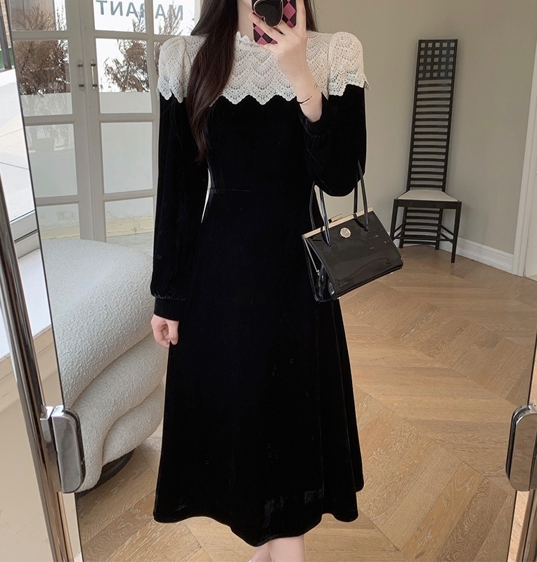 ワンピース ドレス レディース ベロア ベルベット レース 膝下 ミモレ 長袖 Aライン 上品 レトロ お洒落 フォーマル シンプル 発表会 結婚式 かわいい 黒 M L XL 2XL 3XL 4XL ワンピース ドレス レディース ベロア ベルベット レース 膝下 ミモレ 長袖 Aライン 上品 レトロ お洒落 フォーマル シンプル 発表会 結婚式 かわいい 黒 M L XL 2XL 3XL 4XL