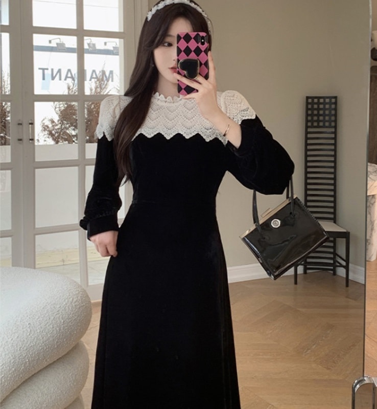 ワンピース ドレス レディース ベロア ベルベット レース 膝下 ミモレ 長袖 Aライン 上品 レトロ お洒落 フォーマル シンプル 発表会 結婚式 かわいい 黒 M L XL 2XL 3XL 4XL ワンピース ドレス レディース ベロア ベルベット レース 膝下 ミモレ 長袖 Aライン 上品 レトロ お洒落 フォーマル シンプル 発表会 結婚式 かわいい 黒 M L XL 2XL 3XL 4XL