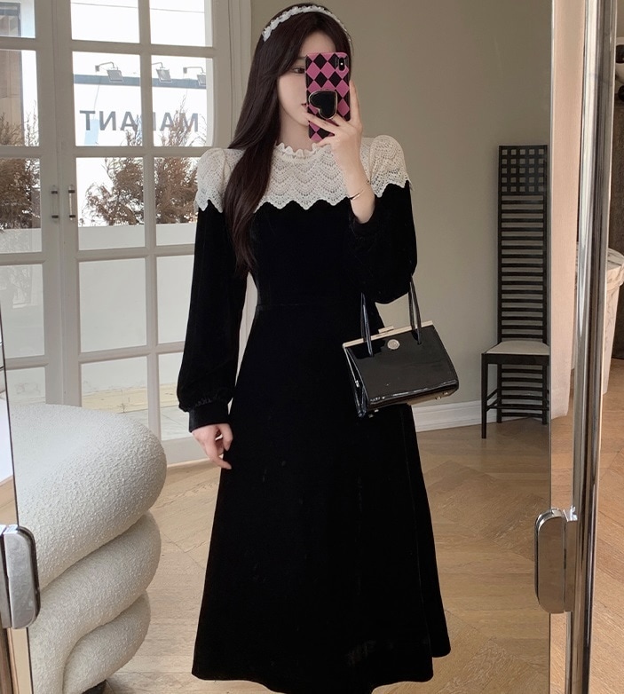 ワンピース ドレス レディース ベロア ベルベット レース 膝下 ミモレ 長袖 Aライン 上品 レトロ お洒落 フォーマル シンプル 発表会 結婚式 かわいい 黒 M L XL 2XL 3XL 4XL ワンピース ドレス レディース ベロア ベルベット レース 膝下 ミモレ 長袖 Aライン 上品 レトロ お洒落 フォーマル シンプル 発表会 結婚式 かわいい 黒 M L XL 2XL 3XL 4XL