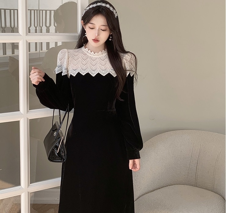 ワンピース ドレス レディース ベロア ベルベット レース 膝下 ミモレ 長袖 Aライン 上品 レトロ お洒落 フォーマル シンプル 発表会 結婚式 かわいい 黒 M L XL 2XL 3XL 4XL ワンピース ドレス レディース ベロア ベルベット レース 膝下 ミモレ 長袖 Aライン 上品 レトロ お洒落 フォーマル シンプル 発表会 結婚式 かわいい 黒 M L XL 2XL 3XL 4XL