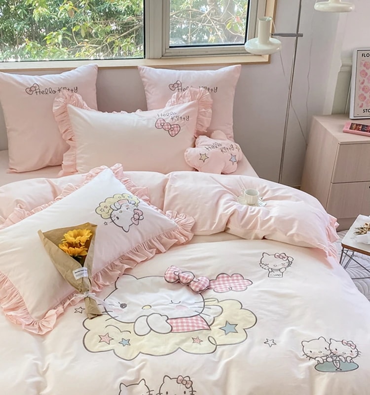 0 カウント ハローキティ コットン ウォッシュド コットン 刺繍入りキルト カバー 4 ピース コットン ベッド シーツ モデル ガール プリンセス 2m