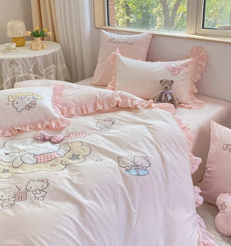 0 カウント ハローキティ コットン ウォッシュド コットン 刺繍入りキルト カバー 4 ピース コットン ベッド シーツ モデル ガール プリンセス 2m