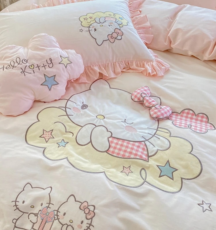 0 カウント ハローキティ コットン ウォッシュド コットン 刺繍入りキルト カバー 4 ピース コットン ベッド シーツ モデル ガール プリンセス 2m