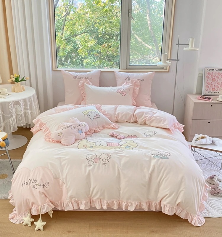 0 カウント ハローキティ コットン ウォッシュド コットン 刺繍入りキルト カバー 4 ピース コットン ベッド シーツ モデル ガール プリンセス 2m