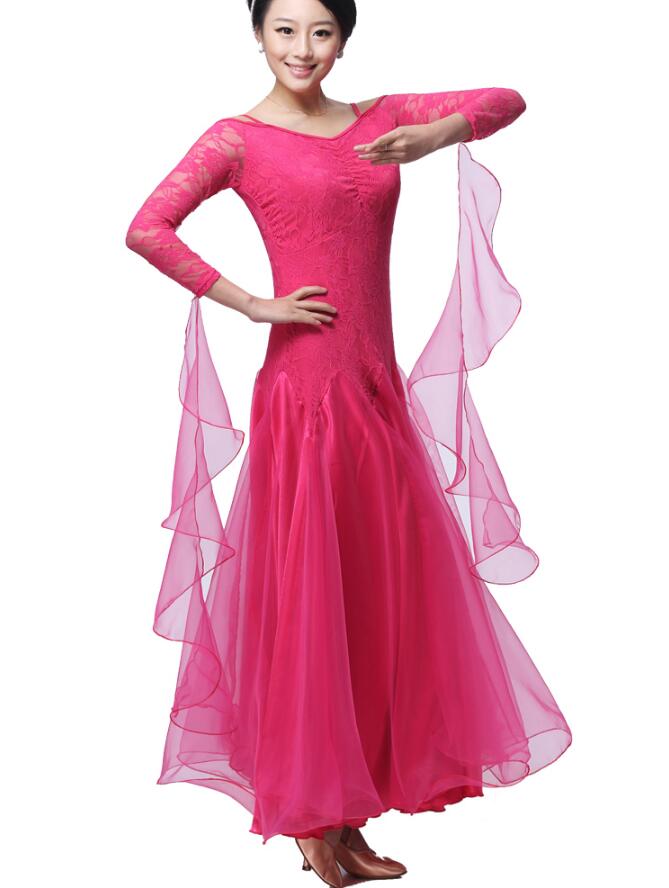 「社交ダンス専用」ダンス ドレス 優雅 演出服競技用 ワルツドレス 高級感 エレガント ステージ衣装 踊りドレス イベント服スタンダードダンス 舞台 長袖 スパンコール レース付き シフォン 可愛い