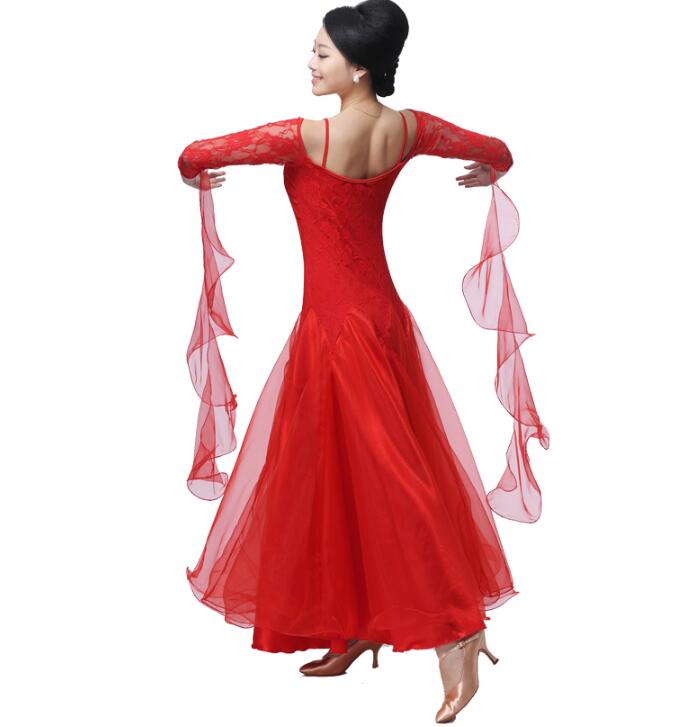 「社交ダンス専用」ダンス ドレス 優雅 演出服競技用 ワルツドレス 高級感 エレガント ステージ衣装 踊りドレス イベント服スタンダードダンス 舞台 長袖 スパンコール レース付き シフォン 可愛い