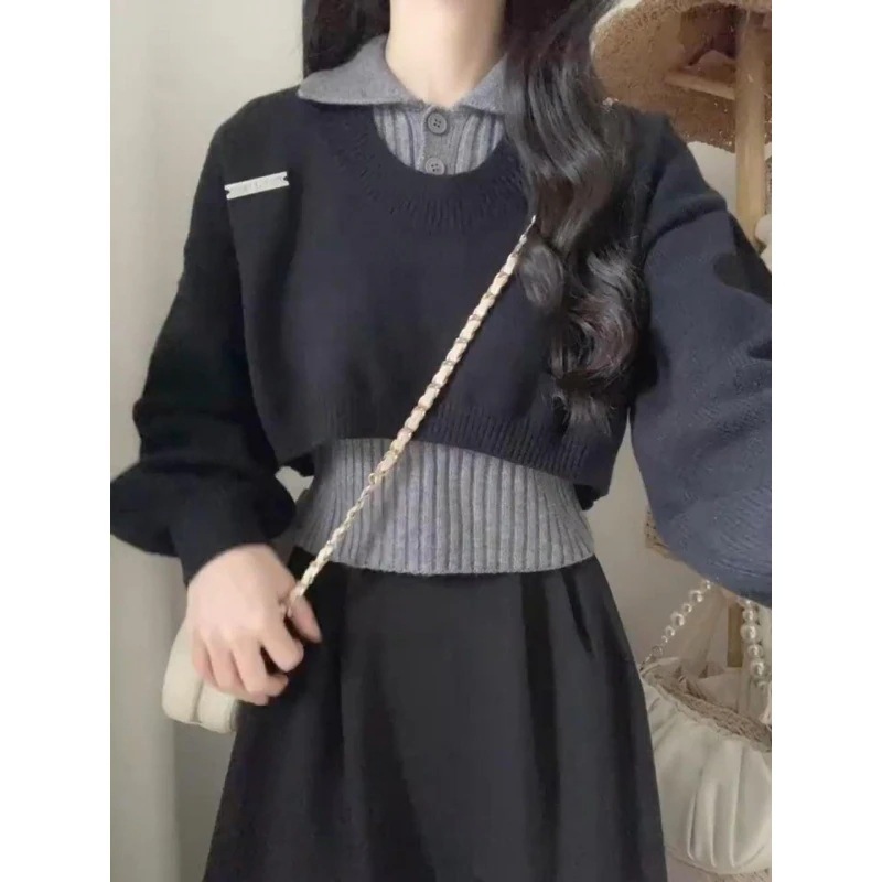 ハイエンドのカスタマイズ-秋冬のカレッジスタイルの女性用日本のニッチレトロセータースーツポロカラー長袖ニットツーピーストップ付き