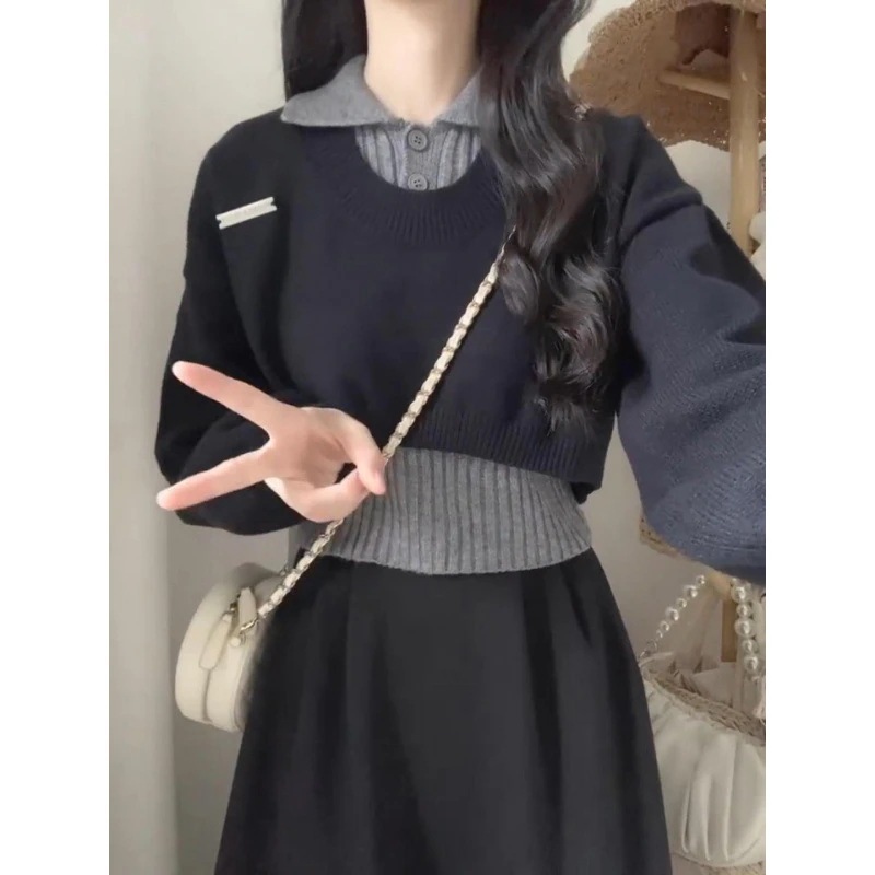 ハイエンドのカスタマイズ-秋冬のカレッジスタイルの女性用日本のニッチレトロセータースーツポロカラー長袖ニットツーピーストップ付き