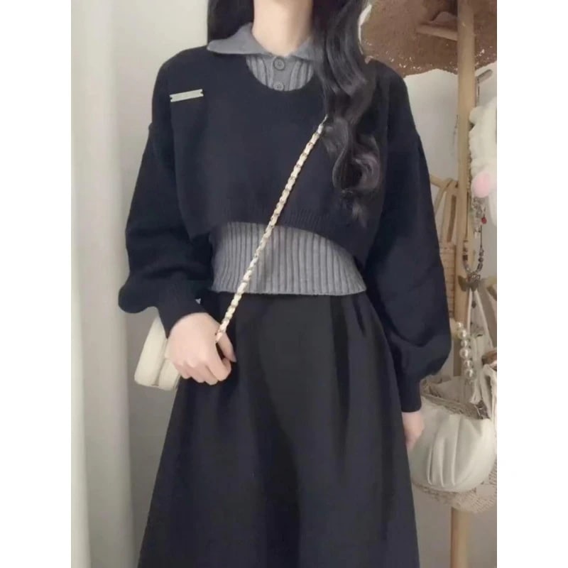 ハイエンドのカスタマイズ-秋冬のカレッジスタイルの女性用日本のニッチレトロセータースーツポロカラー長袖ニットツーピーストップ付き