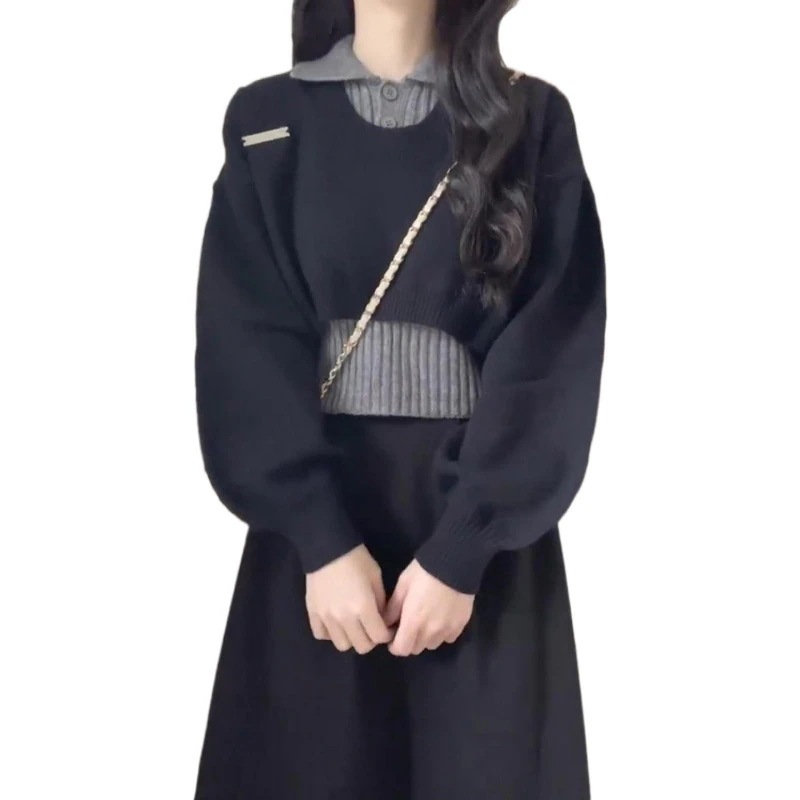 ハイエンドのカスタマイズ-秋冬のカレッジスタイルの女性用日本のニッチレトロセータースーツポロカラー長袖ニットツーピーストップ付き