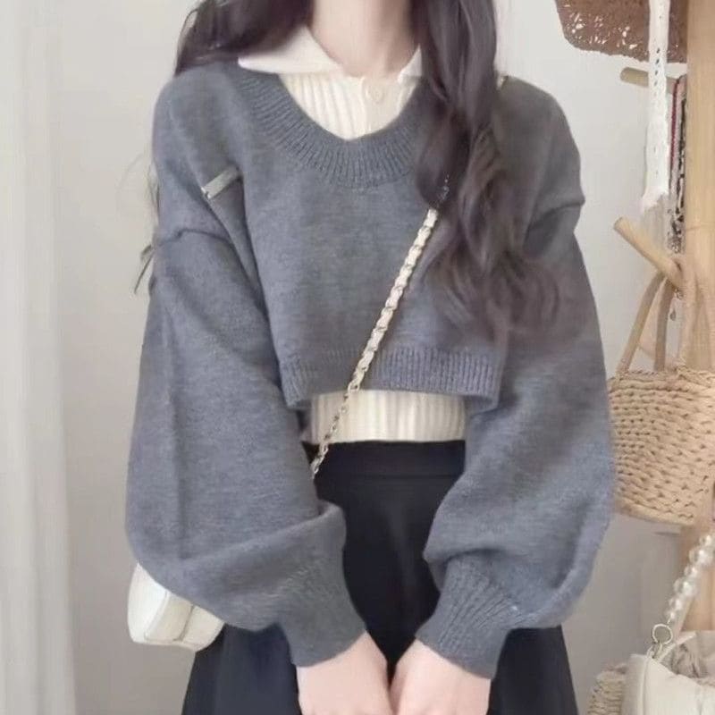 ハイエンドのカスタマイズ-秋冬のカレッジスタイルの女性用日本のニッチレトロセータースーツポロカラー長袖ニットツーピーストップ付き