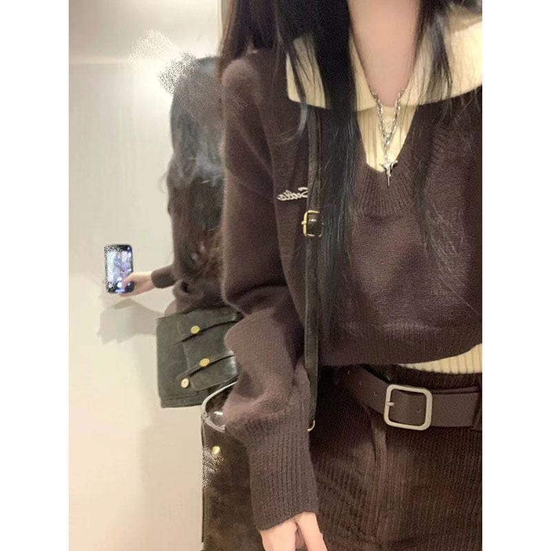 ハイエンドのカスタマイズ-秋冬のカレッジスタイルの女性用日本のニッチレトロセータースーツポロカラー長袖ニットツーピーストップ付き