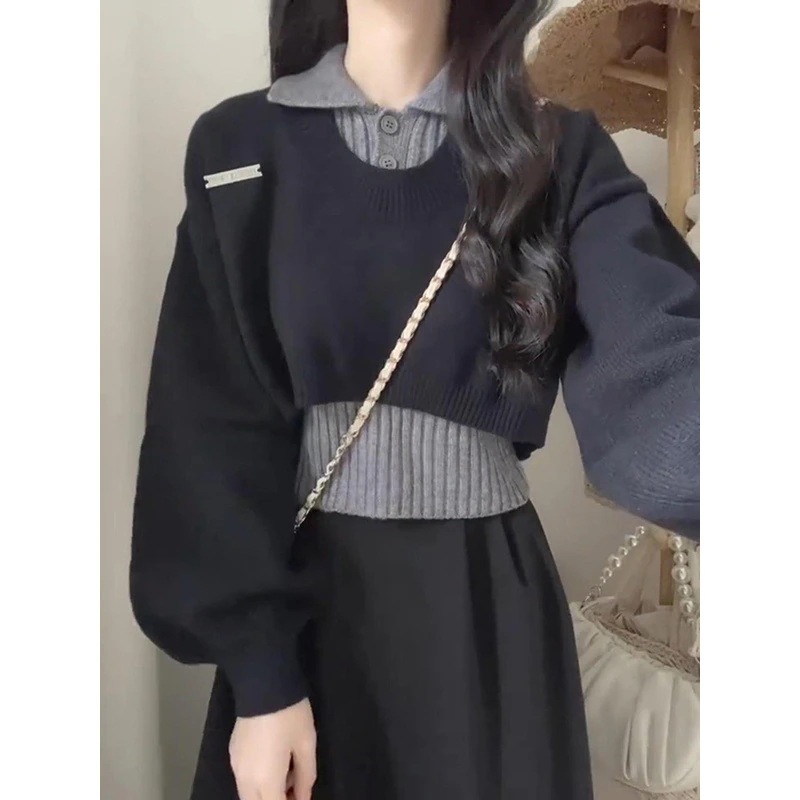 ハイエンドのカスタマイズ-秋冬のカレッジスタイルの女性用日本のニッチレトロセータースーツポロカラー長袖ニットツーピーストップ付き