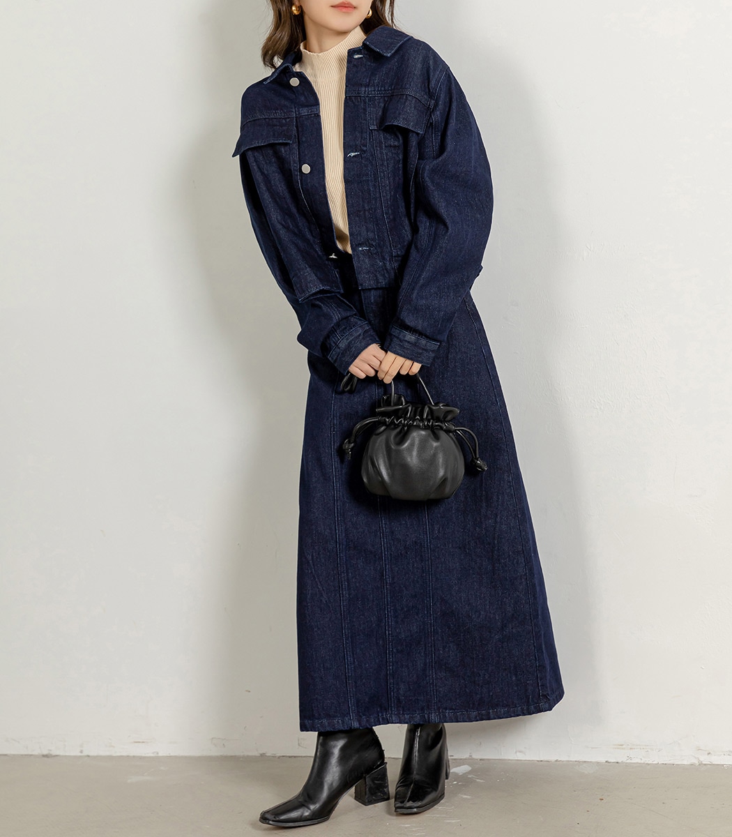 【即納】デニム 長袖 ジャケット スカート ロング丈 レディース 2点セット 春 秋冬 アウター ボトムス 上下 前開き レギュラーカラー フェイクポケット 袖口 ボタン サイドポケット バック スリ