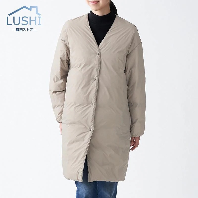 品大人気ダウンコートレディース冬服ロング丈ノーカラーコートVネックボタンダウン無地秋冬ダウンジャケット厚膝丈ゆったり暖かい保温防寒羽織り