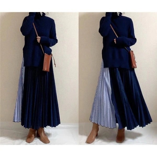 大人の魅力ニットワンピースロングワンピースロングワンピワンピレディースマキシ丈長袖Aラインフレアストライプ柄スプライスゆったりおしゃれきれいめ30