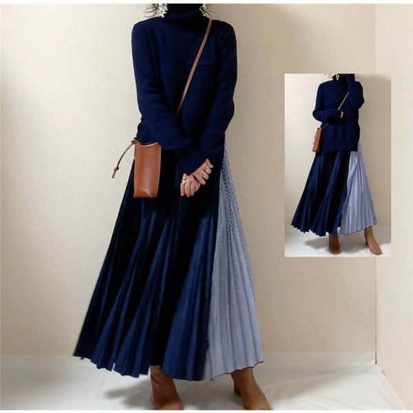 大人の魅力ニットワンピースロングワンピースロングワンピワンピレディースマキシ丈長袖Aラインフレアストライプ柄スプライスゆったりおしゃれきれいめ30