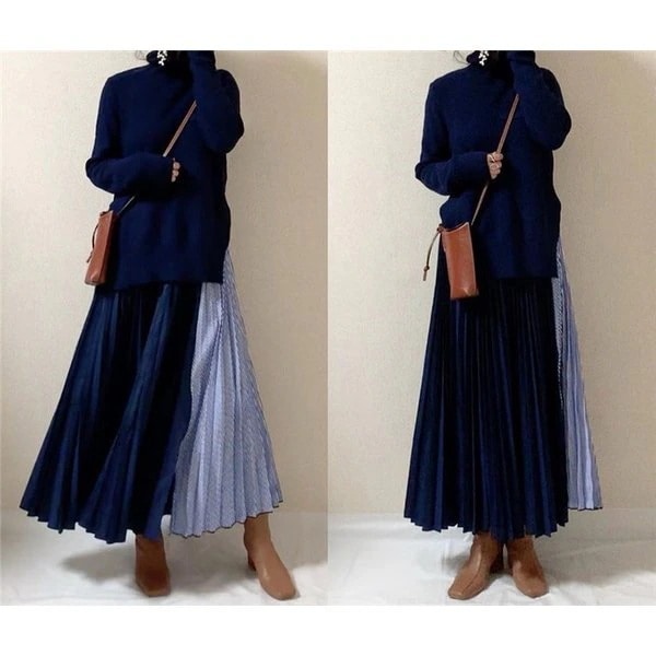 大人の魅力ニットワンピースロングワンピースロングワンピワンピレディースマキシ丈長袖Aラインフレアストライプ柄スプライスゆったりおしゃれきれいめ30