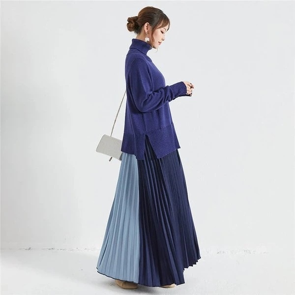 大人の魅力ニットワンピースロングワンピースロングワンピワンピレディースマキシ丈長袖Aラインフレアストライプ柄スプライスゆったりおしゃれきれいめ30