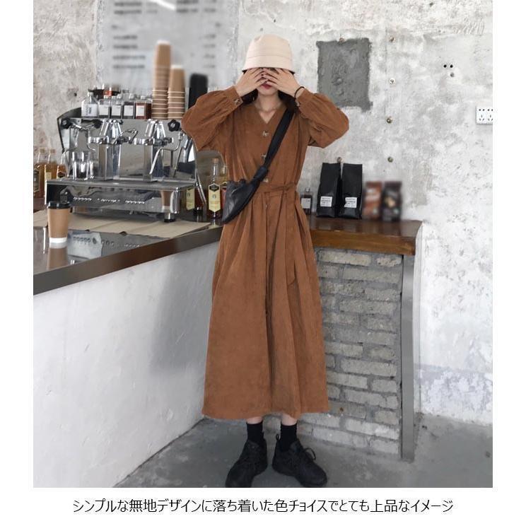 春 夏 長袖ワンピース レディース ワンピース Vネック レトロ ロングワンピ ベルト付き 女性 ドレス チュニック ロング 無地