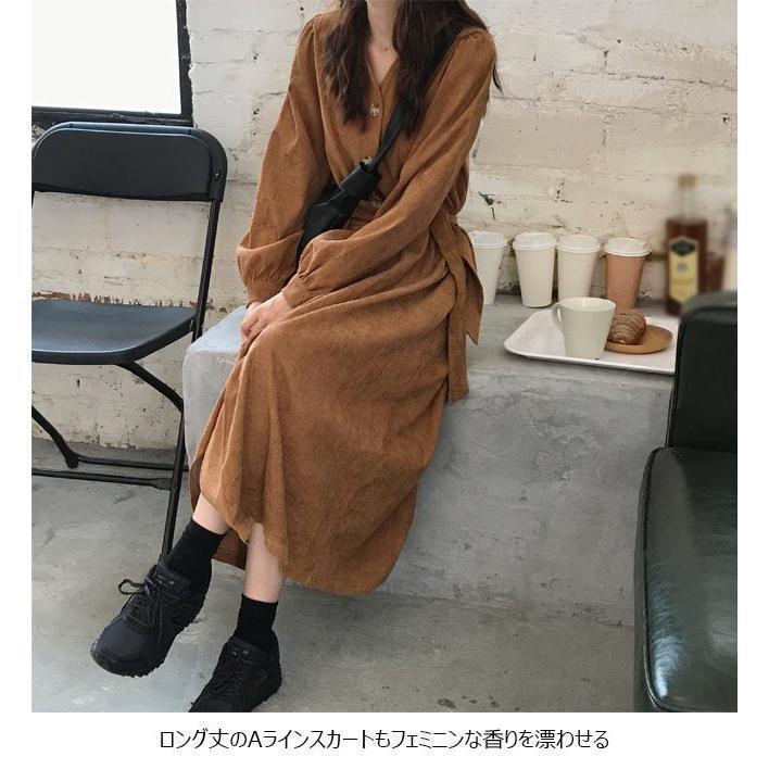 春 夏 長袖ワンピース レディース ワンピース Vネック レトロ ロングワンピ ベルト付き 女性 ドレス チュニック ロング 無地