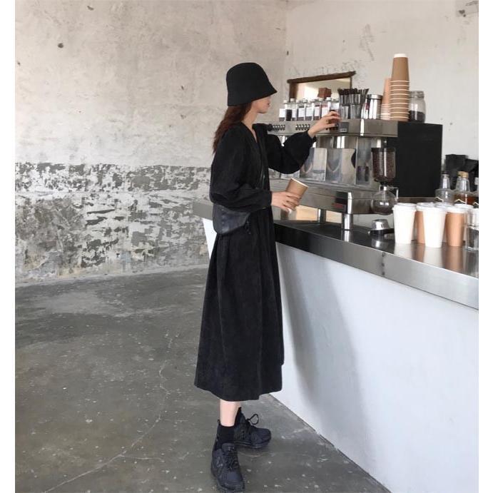 春 夏 長袖ワンピース レディース ワンピース Vネック レトロ ロングワンピ ベルト付き 女性 ドレス チュニック ロング 無地