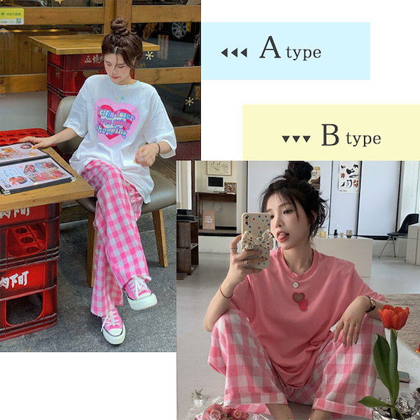 Qoo10] 上下セット Tシャツ チェックパンツ 2