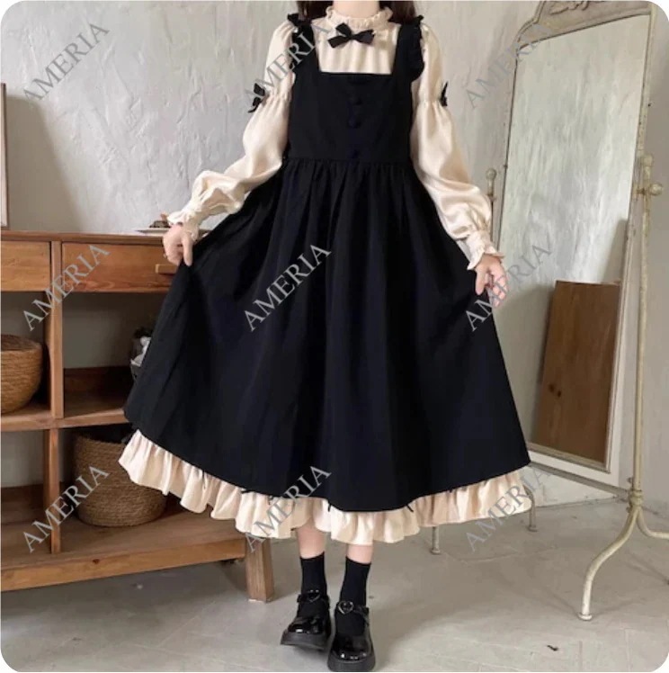 2点セット ロングスリーブワンピース キャミソールワンピース ロリータ コスプレ ぷちリボン付きサスペンダーワンピース 2点セット ロングスリーブワンピース キャミソールワンピース ロリータ コスプレ ぷちリボン付きサスペンダーワンピース