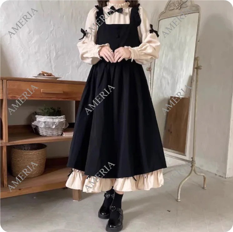 2点セット ロングスリーブワンピース キャミソールワンピース ロリータ コスプレ ぷちリボン付きサスペンダーワンピース 2点セット ロングスリーブワンピース キャミソールワンピース ロリータ コスプレ ぷちリボン付きサスペンダーワンピース