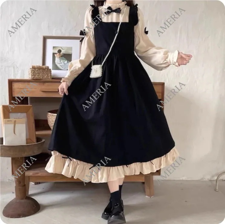 2点セット ロングスリーブワンピース キャミソールワンピース ロリータ コスプレ ぷちリボン付きサスペンダーワンピース 2点セット ロングスリーブワンピース キャミソールワンピース ロリータ コスプレ ぷちリボン付きサスペンダーワンピース