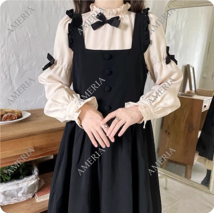 2点セット ロングスリーブワンピース キャミソールワンピース ロリータ コスプレ ぷちリボン付きサスペンダーワンピース 2点セット ロングスリーブワンピース キャミソールワンピース ロリータ コスプレ ぷちリボン付きサスペンダーワンピース