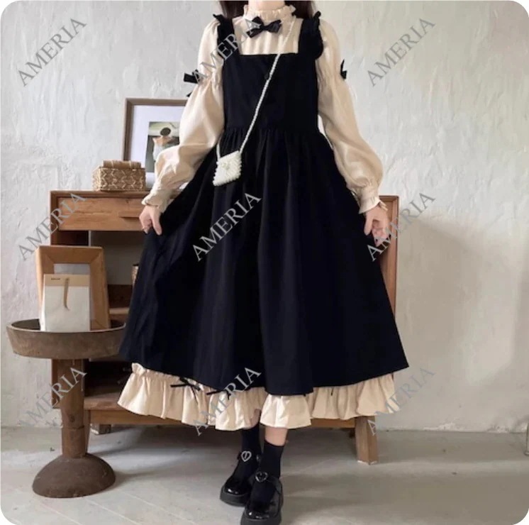 2点セット ロングスリーブワンピース キャミソールワンピース ロリータ コスプレ ぷちリボン付きサスペンダーワンピース 2点セット ロングスリーブワンピース キャミソールワンピース ロリータ コスプレ ぷちリボン付きサスペンダーワンピース