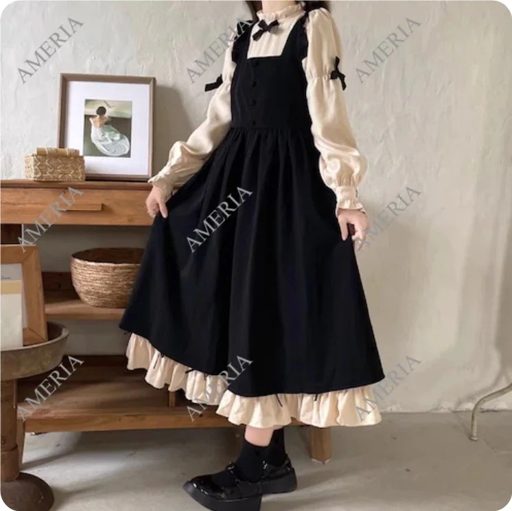 2点セット ロングスリーブワンピース キャミソールワンピース ロリータ コスプレ ぷちリボン付きサスペンダーワンピース 2点セット ロングスリーブワンピース キャミソールワンピース ロリータ コスプレ ぷちリボン付きサスペンダーワンピース